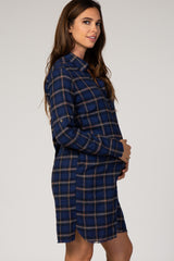 Navy Blue Plaid Button Down Long Sleeve Maternity Shirt Dress