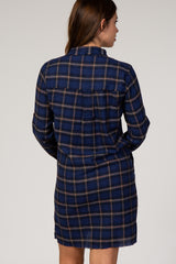 Navy Blue Plaid Button Down Long Sleeve Maternity Shirt Dress