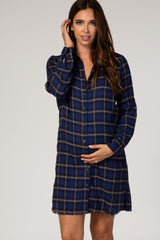 Navy Blue Plaid Button Down Long Sleeve Maternity Shirt Dress