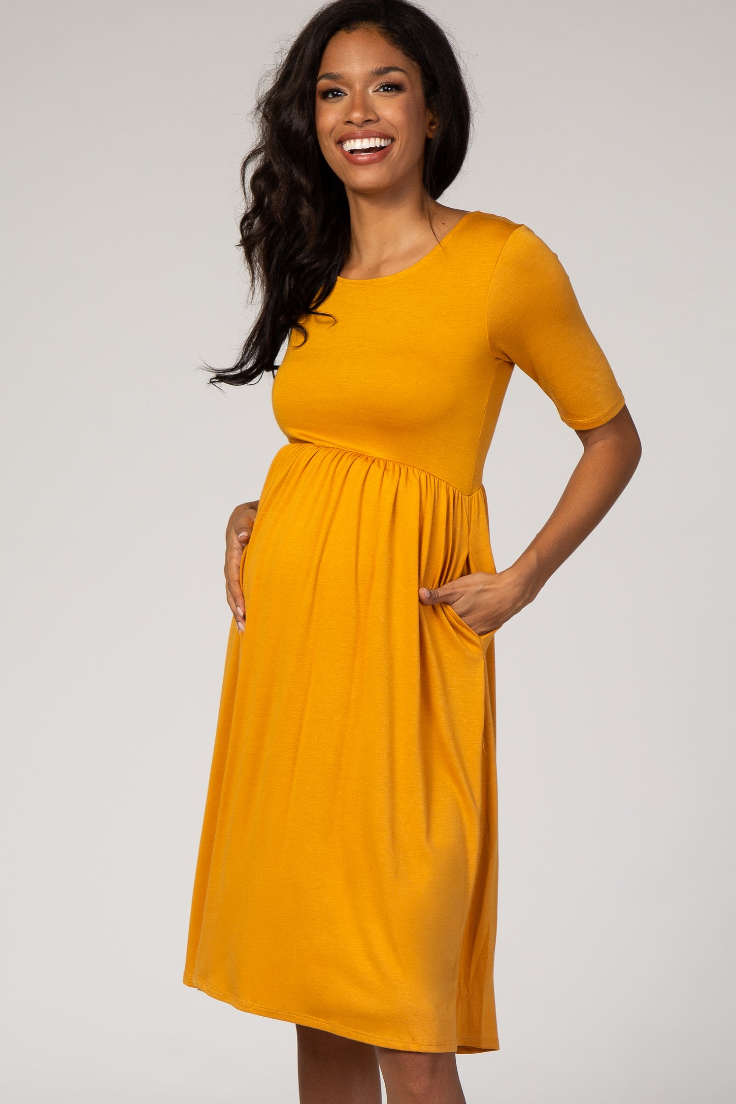Mustard Short Sleeve Maternity Dress