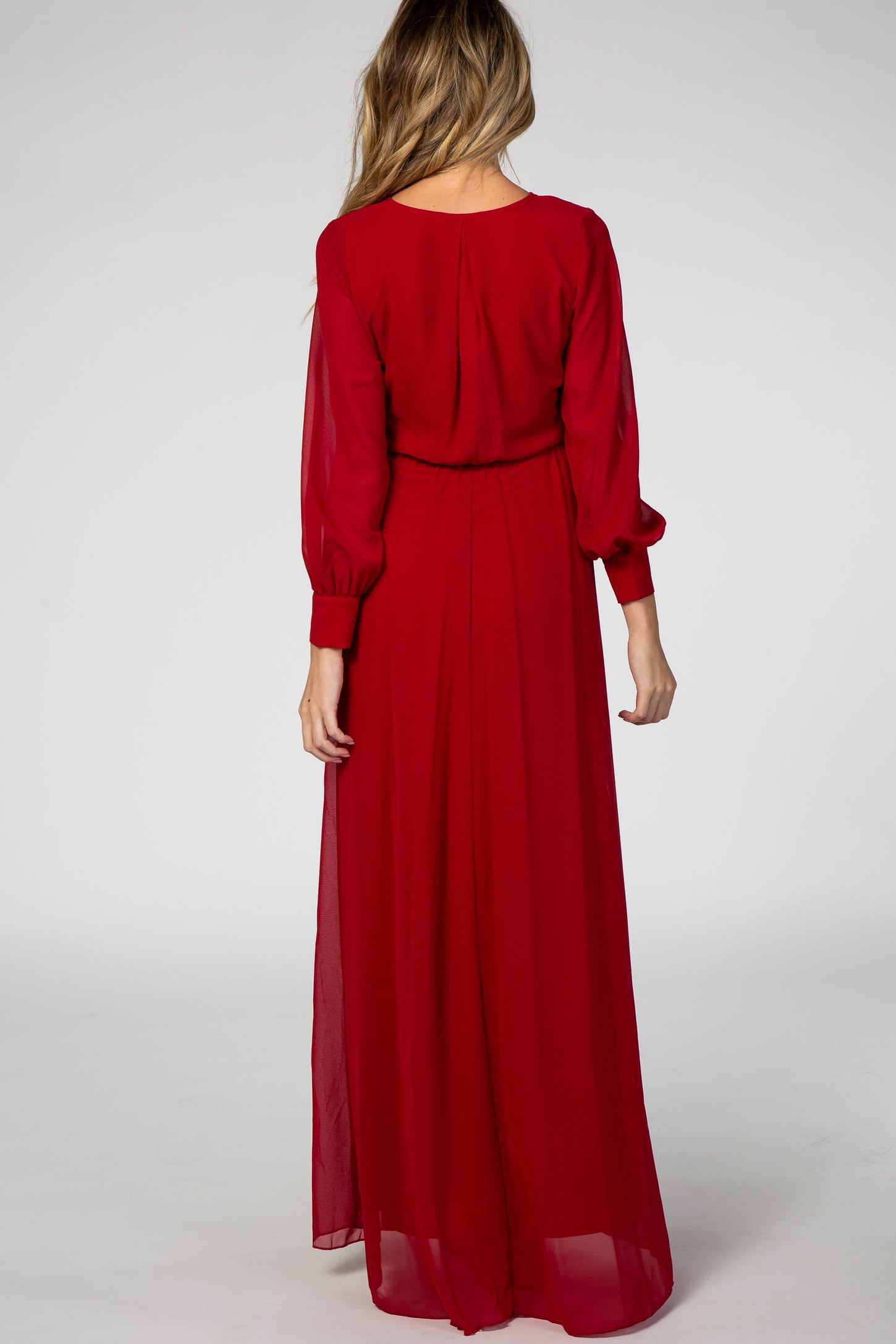 Red Chiffon Long Sleeve Pleated Maternity Maxi Dress