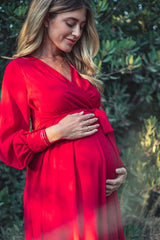 Red Chiffon Long Sleeve Pleated Maternity Maxi Dress