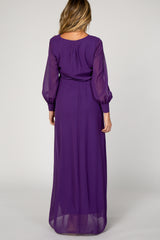 Purple Chiffon Long Sleeve Pleated Maternity Maxi Dress