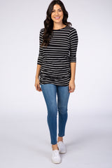 Black Striped 3/4 Sleeve Ruched Nursing Top