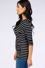 Black Striped 3/4 Sleeve Ruched Nursing Top