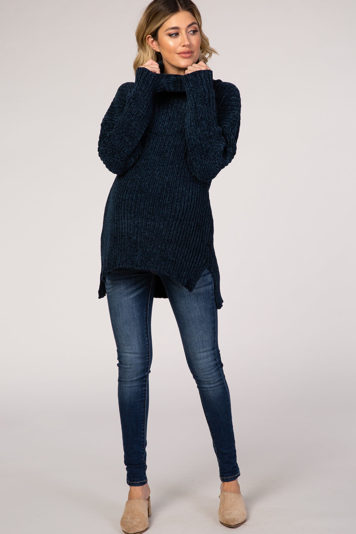 Navy Blue Ribbed Chenille Turtleneck Maternity Sweater