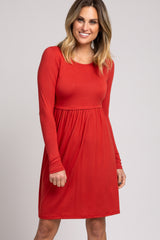 Rust Long Sleeve Pleated Dress