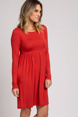 Rust Long Sleeve Pleated Dress