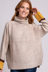 Beige Turtle Neck Colorblock Sweater
