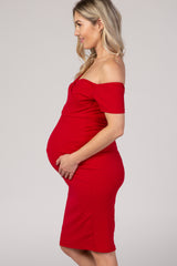 PinkBlush Red Solid Off Shoulder Maternity Fitted Dress