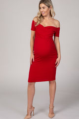 PinkBlush Red Solid Off Shoulder Maternity Fitted Dress