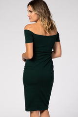 PinkBlush Forest Green Solid Off Shoulder Fitted Dress
