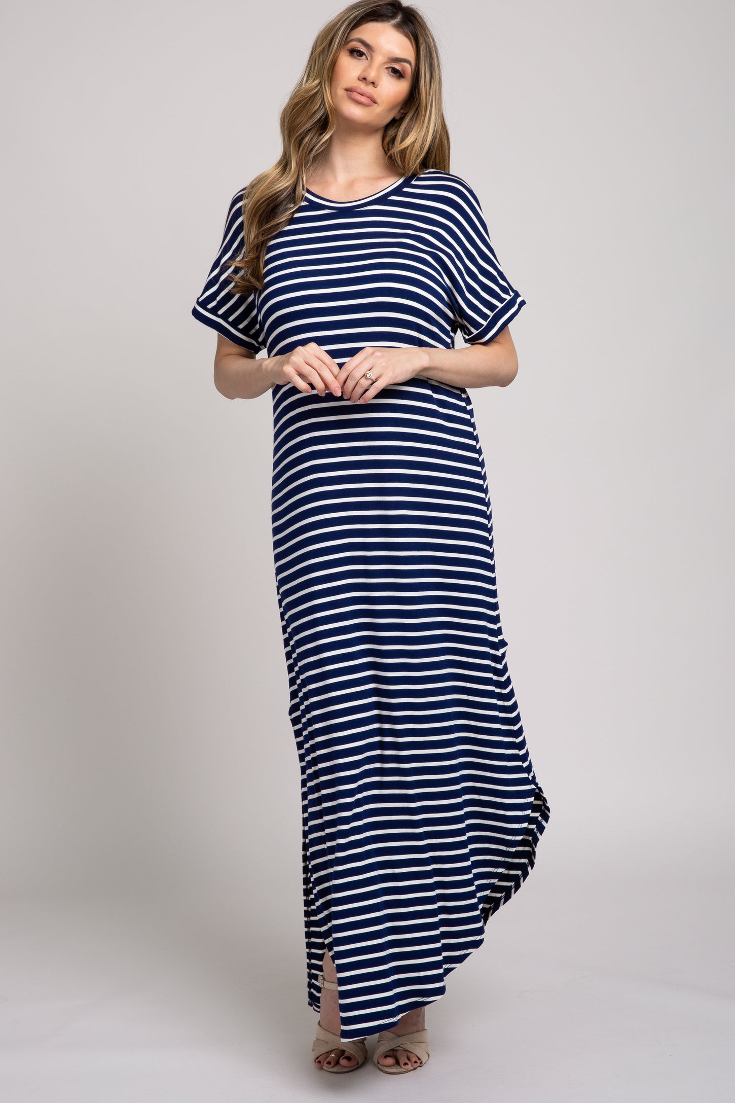 Navy Striped Short Sleeve Side Slit Maxi Dress