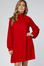 Red Mock Neck Tie Back Long Sleeve Dress