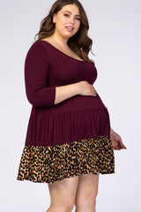 Burgundy 3/4 Sleeve Ruffle Maternity Dress