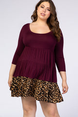 Burgundy 3/4 Sleeve Ruffle Maternity Dress