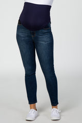 Navy Blue Medium Wash Leather Detail Skinny Maternity Jeans