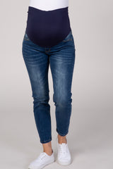 Navy Blue Medium Wash Cropped Skinny Maternity Jeans