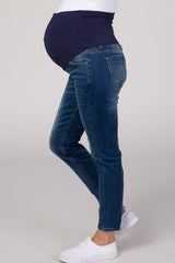 Navy Blue Medium Wash Cropped Skinny Maternity Jeans