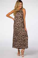 Beige Animal Print Babydoll Sleeveless Maternity Maxi Dress