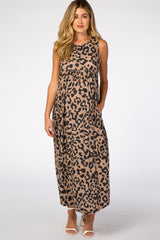 Beige Animal Print Babydoll Sleeveless Maternity Maxi Dress