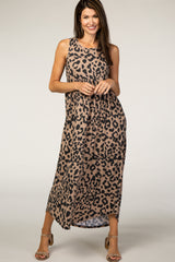 Beige Animal Print Babydoll Sleeveless Maternity Maxi Dress