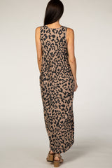 Beige Animal Print Babydoll Sleeveless Maxi Dress