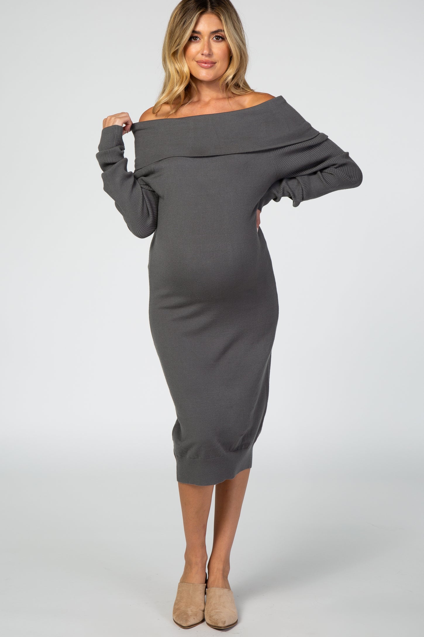 Charcoal Off Shoulder Midi Maternity Dress