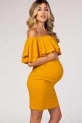 Yellow Double Layer Ruffle Off Shoulder Maternity Dress
