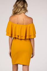 Yellow Double Layer Ruffle Off Shoulder Maternity Dress