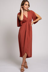 Rust Open Sleeve Maternity Wrap Midi Dress