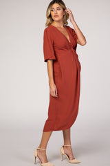 Rust Open Sleeve Maternity Wrap Midi Dress