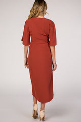 Rust Open Sleeve Maternity Wrap Midi Dress