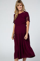 Plum Lace Sleeve Tiered Maternity Midi Dress