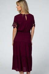 Plum Lace Sleeve Tiered Maternity Midi Dress