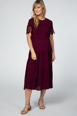 Plum Lace Sleeve Tiered Maternity Midi Dress