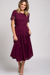 Plum Lace Sleeve Tiered Maternity Midi Dress