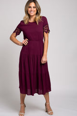 Plum Lace Sleeve Tiered Midi Dress