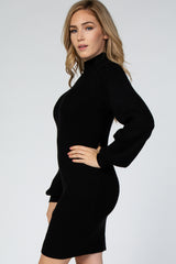 Black Mock Neck Puff Sleeve Knit Dress