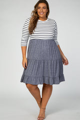 Navy Blue Striped 3/4 Sleeve Maternity Plus Midi Dress