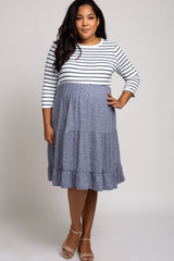 Navy Blue Striped 3/4 Sleeve Maternity Plus Midi Dress