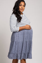 Navy Blue Striped 3/4 Sleeve Maternity Plus Midi Dress