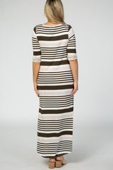 Olive Striped 3/4 Sleeve Curved Hem Maternity Maxi Dress