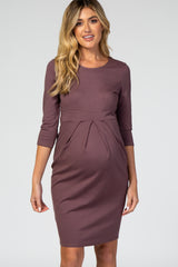 Purple 3/4 Sleeves Front Pleated Maternity Dress