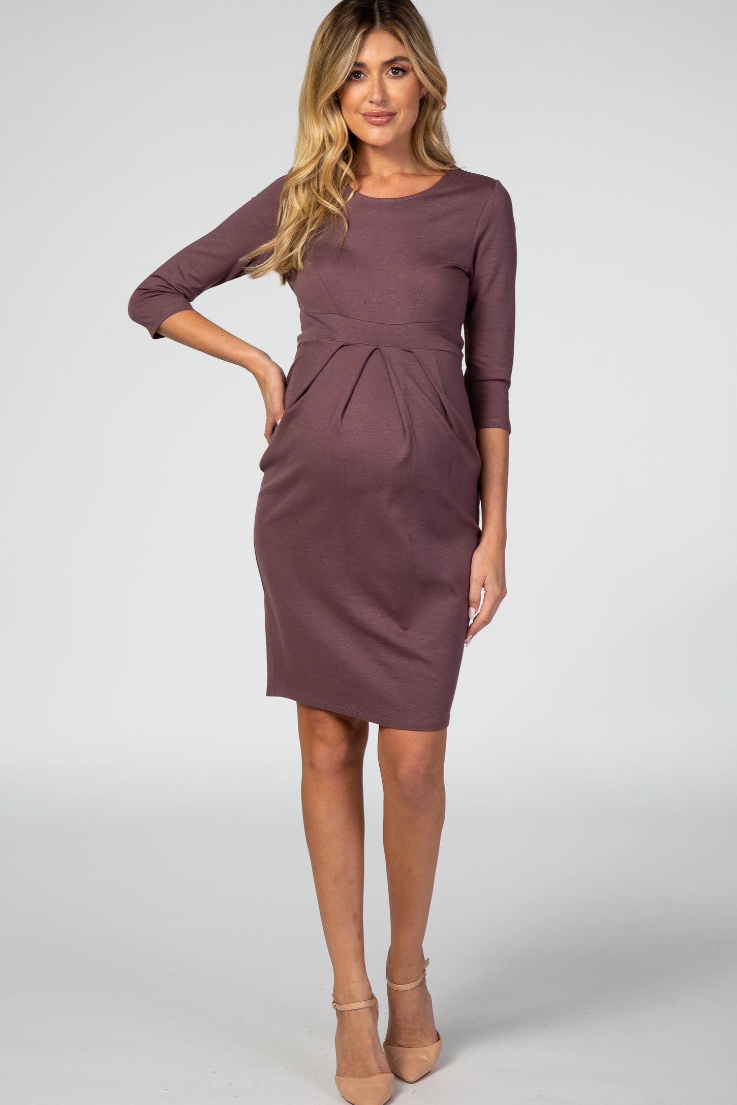 Purple 3/4 Sleeves Front Pleated Maternity Dress
