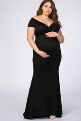 PinkBlush Black Off Shoulder Wrap Plus Maternity Photoshoot Gown/Dress