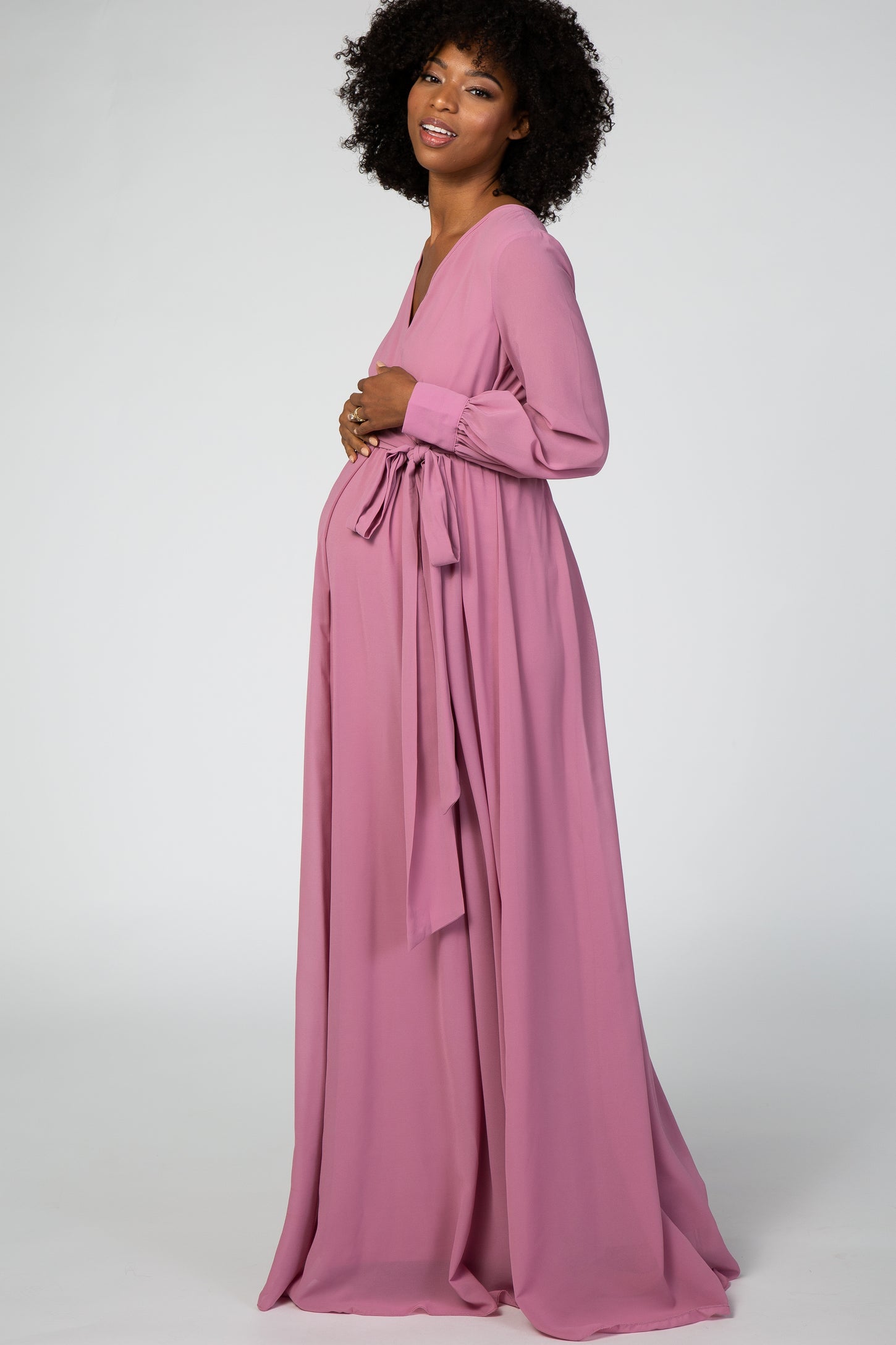 Lavender Chiffon Long Sleeve Maternity Maxi Dress
