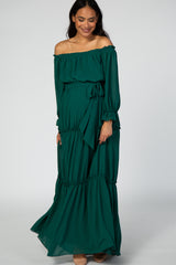 Forest Green Tiered Off Shoulder Maternity Maxi Dress