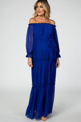 Royal Blue Tiered Off Shoulder Maternity Maxi Dress