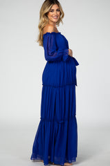 Royal Blue Tiered Off Shoulder Maternity Maxi Dress